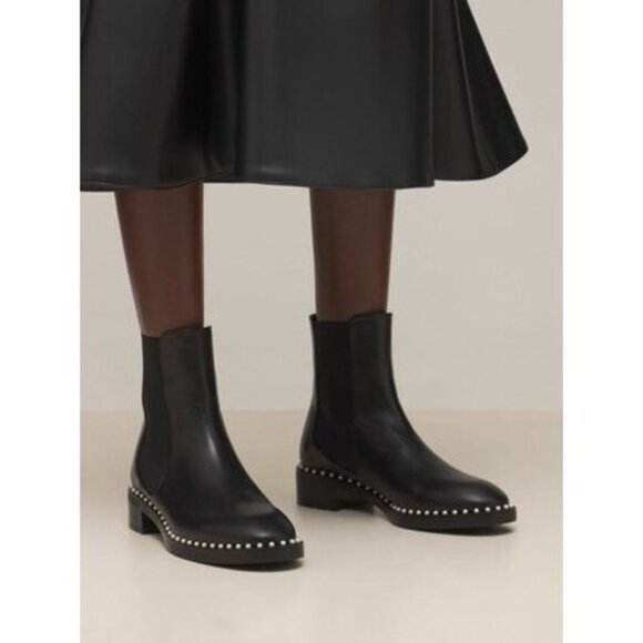 Pre-owned Stuart Weitzman Cline Pearly Studded Leather Chelsea Booties Black EU4 - Picture 1 of 11